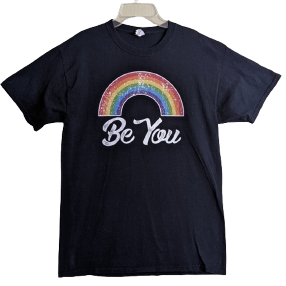 Black T-shirt Colorful Rainbow Pride "Be You" Graphic Print - Picture 1 of 12